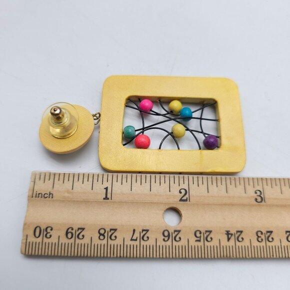 Vintage 1980s Yellow Wooden Rectangle Earrings With Colorful Bead Accents - Picture 5 of 5